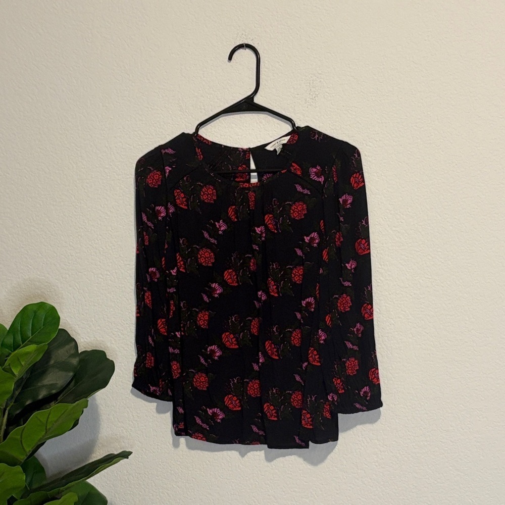 Lucky Brand Black and Pink Floral Blouse with lace detail small